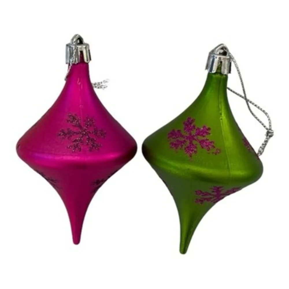 Pair Merry Market Snowflake Teardrop Ornaments Green Pink Christmas Decor
